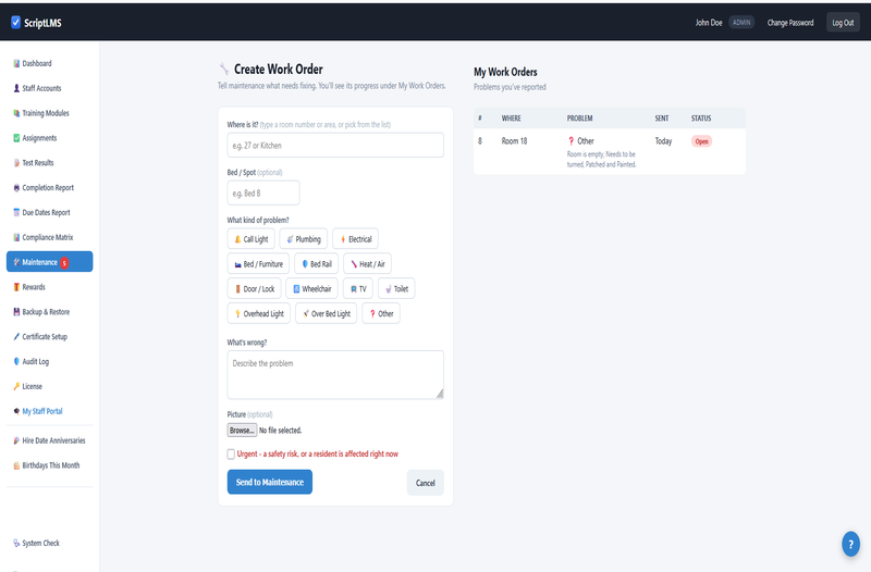 ScriptLMS admin Create Work Order page with boxes for the room or area, problem type buttons, a description, an optional picture, an Urgent box and a Send to Maintenance button